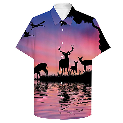 

Men's Shirt 3D Print Scenery Deer Plus Size 3D Print Button-Down Short Sleeve Casual Tops Casual Fashion Streetwear Breathable Purple