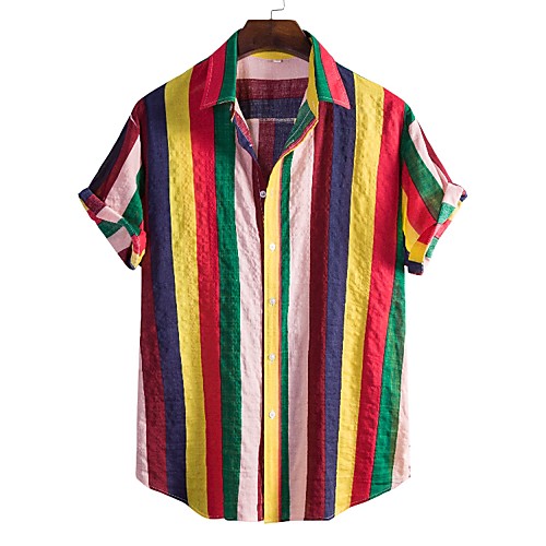 

Men's Shirt Striped Short Sleeve Casual Tops Simple Rainbow