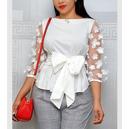 

Women's Plus Size Tops Blouse Shirt Plain Lace Bow 3/4 Length Sleeve Round Neck Streetwear Red White Yellow Big Size XL XXL 3XL 4XL