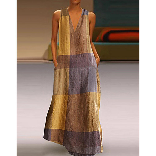 

Women's Shift Dress Maxi long Dress Blue Yellow Red Sleeveless Color Block Print Fall Summer V Neck Elegant 2021 S M L XL