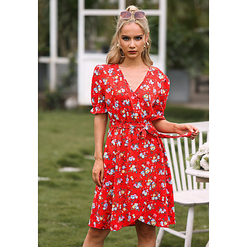 

Women's A Line Dress Knee Length Dress Red Short Sleeve Solid Color Spring Summer Casual / Daily 2021 M L XL 2XL 3XL