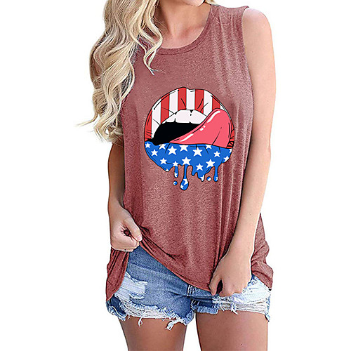 

Women's 3D Printed Independence Day Tank Top T shirt 3D Star USA Print Round Neck Basic Streetwear Tops Cotton Blue Purple Blushing Pink / Mouth