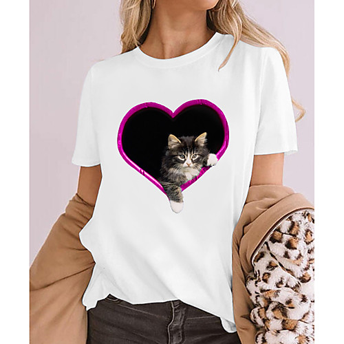 

Women's 3D Cat T shirt Cat Heart 3D Print Round Neck Basic Tops 100% Cotton White Black Khaki