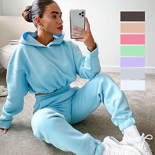 

Women's 2 Piece Cropped Tracksuit Sweatsuit Street Athleisure 2pcs Long Sleeve Thermal Warm Breathable Soft Fitness Gym Workout Running Jogging Training Sportswear Solid Colored Normal Hoodie White