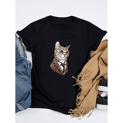 

Women's Cat T shirt Cat Graphic Print Round Neck Tops 100% Cotton Basic Basic Top White Black Purple