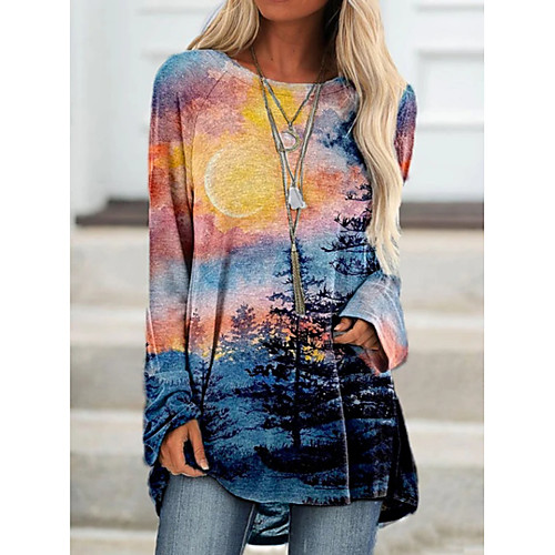 

Women's Going out Painting T shirt Dress Scenery Long Sleeve Print Round Neck Basic Tops Rainbow