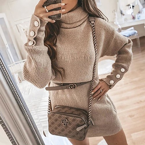 

Women's Solid Color Sweater Long Sleeve Sweater Cardigans High Neck khaki Apricot