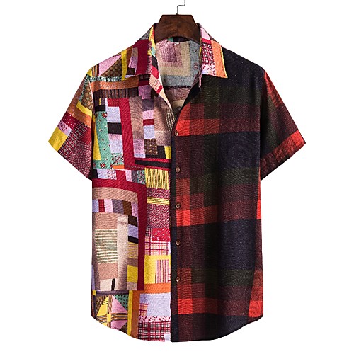 

Men's Shirt Other Prints Graphic Lattice Short Sleeve Daily Tops Casual Classic Collar Black / Red / Summer