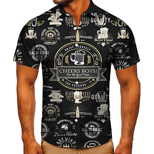 

Men's Shirt 3D Print Graphic Prints Beer Button-Down Short Sleeve Street Tops Casual Fashion Classic Breathable Black