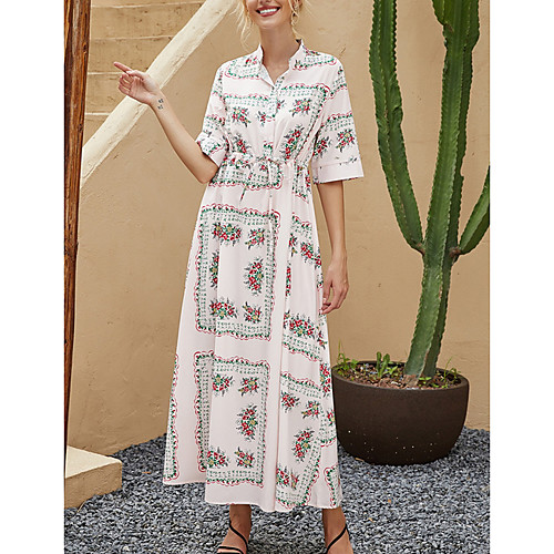 

Women's A Line Dress Maxi long Dress Blushing Pink Half Sleeve Print Color Block Patchwork Print Fall Summer Shirt Collar Casual 2021 S M L XL
