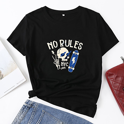 

Women's T shirt Skull Letter Print Round Neck Tops Cotton Basic Basic Top White Black Blue