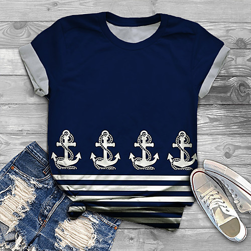 

Women's Plus Size Tops T shirt Striped Graphic Print Short Sleeve Crewneck Basic Navy Blue Big Size XL XXL 3XL 4XL 5XL / Holiday