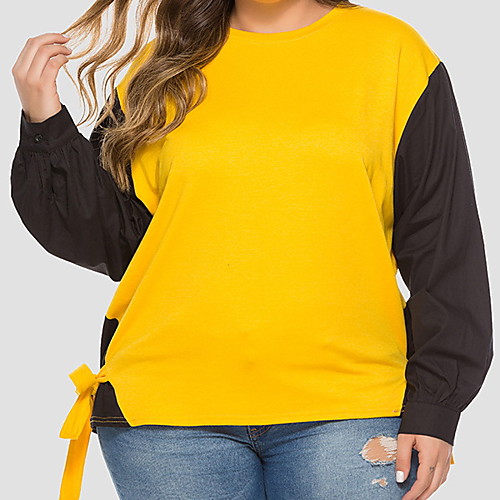 

Women's Plus Size Tops Blouse Color Block Long Sleeve Crewneck Yellow Navy Blue Big Size XL XXL 3XL 4XL 5XL