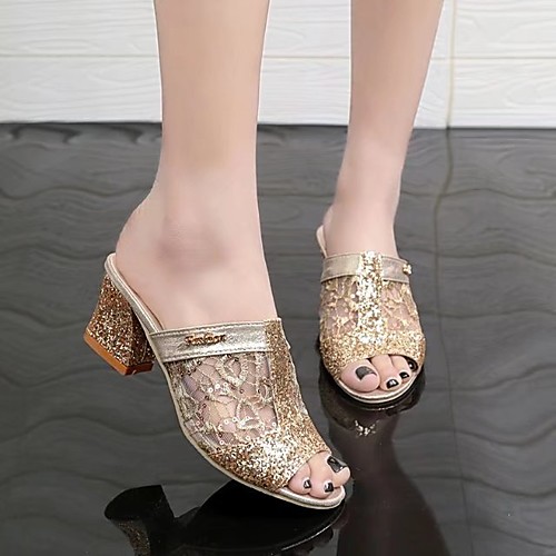 

Women's Sandals Heeled Mules Cuban Heel Round Toe PVC Sparkling Glitter Sequin Solid Colored Gold Silver