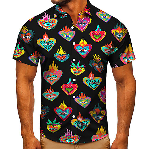 

Men's Shirt 3D Print Heart Graphic Prints Button-Down Short Sleeve Street Tops Casual Fashion Classic Breathable Black