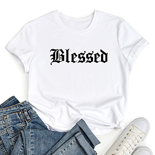 

Women's T shirt Letter Print Round Neck Tops 100% Cotton Basic Basic Top White Black Blue
