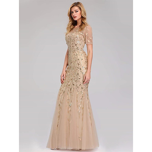 

Mermaid / Trumpet Empire Elegant Party Wear Formal Evening Dress Jewel Neck Short Sleeve Floor Length Tulle with Embroidery 2021 / Illusion Sleeve