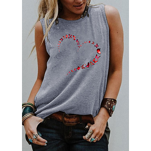 

Women's Holiday Tank Top Vest T shirt Graphic Butterfly Heart Print Round Neck Basic Tops Blue Purple Light gray / Going out