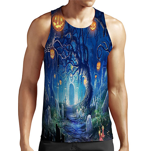 

Men's Unisex Tank Top Undershirt 3D Print Graphic Prints Tree Pumpkin Plus Size Print Sleeveless Casual Tops Basic Designer Big and Tall Blue