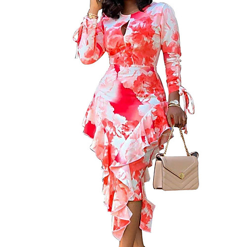 

Women's Sheath Dress Midi Dress Red Long Sleeve Print Summer Round Neck Sexy 2021 M L XL XXL 3XL