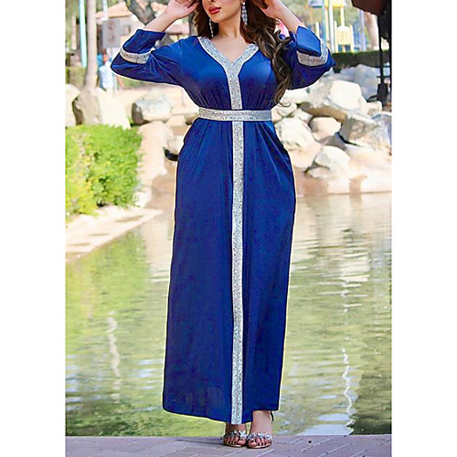 

Women's Kaftan Dress Maxi long Dress Blue Purple Long Sleeve Solid Color Patchwork Summer Round Neck Casual 2021 S M L XL XXL
