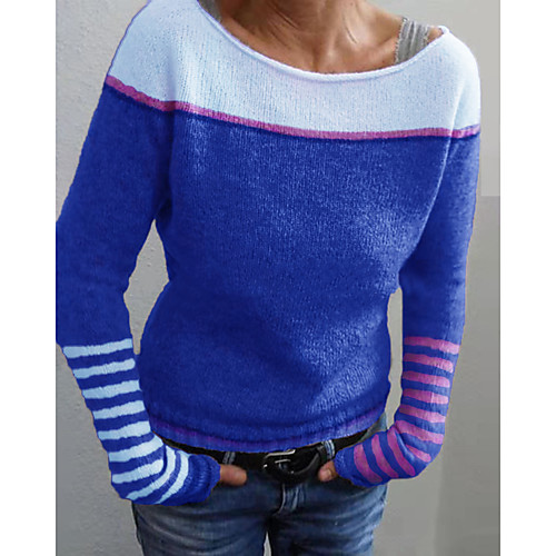 

Women's Stylish Stripe Knitted Striped Sweater Long Sleeve Sweater Cardigans Boat Neck Fall Winter Rainbow