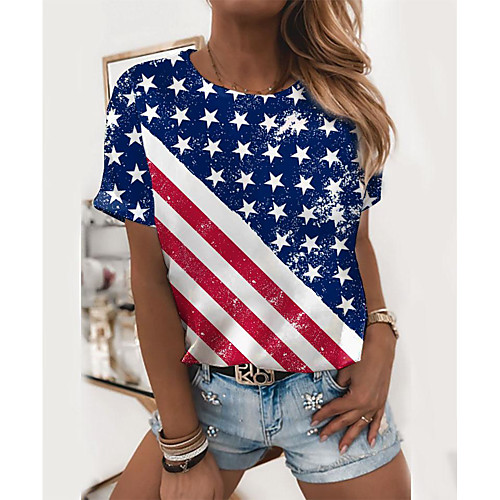 

Women's Painting T shirt Striped American Flag National Flag Print Round Neck Basic Tops Blue