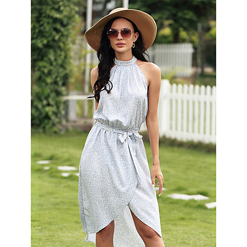 

Women's Strap Dress Knee Length Dress Blue Sleeveless Print Spring Summer Casual / Daily 2021 M L XL 2XL 3XL