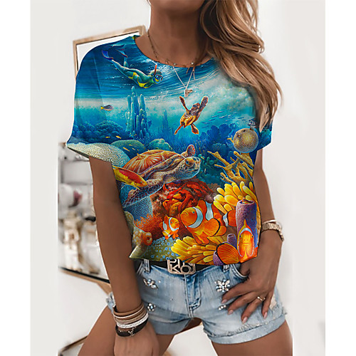 

Women's 3D Printed Painting T shirt Graphic Scenery Print Round Neck Basic Tops Blue