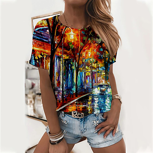 

Women's Abstract Painting T shirt Graphic Scenery Print Round Neck Basic Tops Blue Orange Green