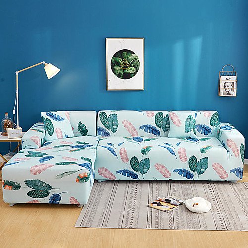 

Green Leaves Print Dustproof All-powerful Slipcovers Stretch L Shape Sofa Cover Super Soft Fabric Couch Cover Sofa Furniture Protector with One Free Boster Case