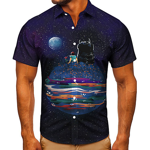 

Men's Shirt 3D Print Graphic Prints Moon Button-Down Short Sleeve Street Tops Casual Fashion Classic Breathable Navy Blue
