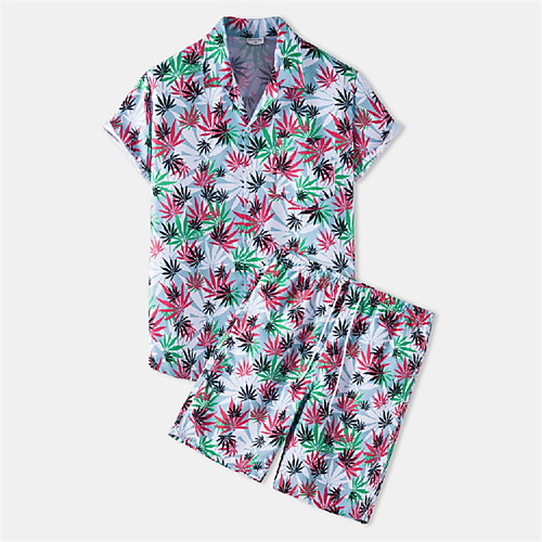 

Men's Shirt Suits Shirt Leaves Button-Down Short Sleeve Casual Tops Cotton Casual Fashion Hawaiian Breathable White