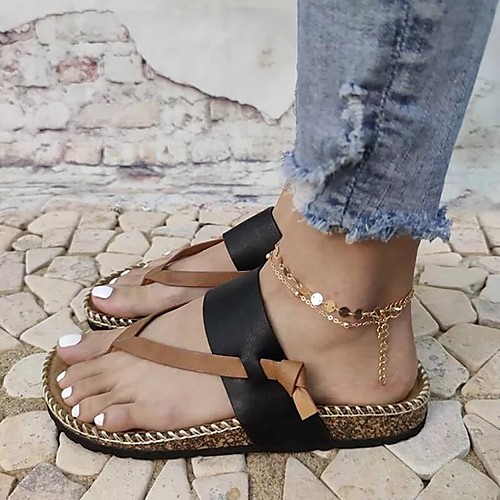 

Women's Sandals Boho Bohemia Beach Flat Heel Round Toe PU Solid Colored Black Blue Brown
