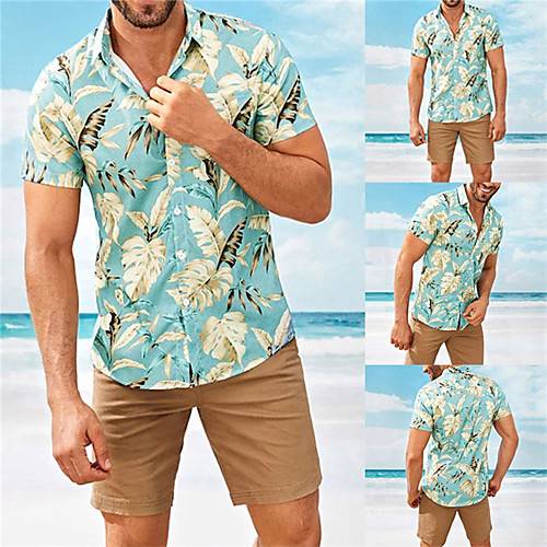 

Men's Shirt Leaves Button-Down Short Sleeve Casual Tops 100% Cotton Lightweight Casual Fashion Breathable Blue