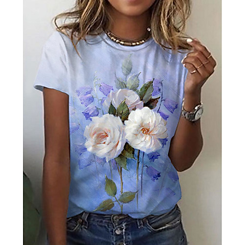 

Women's Floral Theme T shirt Floral 3D Print Round Neck Tops Basic Basic Top Purple