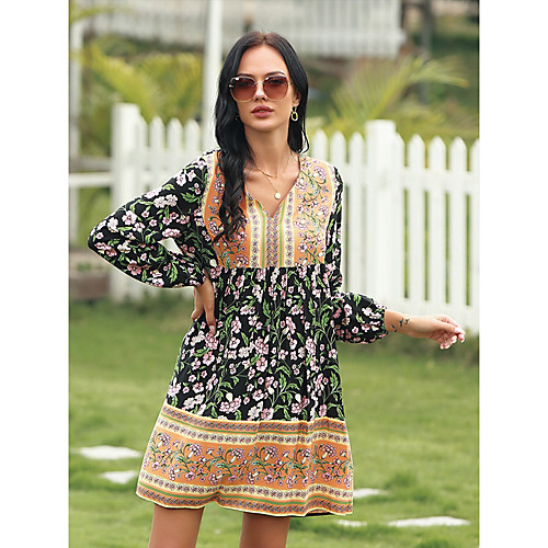 

Women's A Line Dress Knee Length Dress Yellow Long Sleeve Print Spring Summer Casual / Daily Loose 2021 M L XL 2XL 3XL