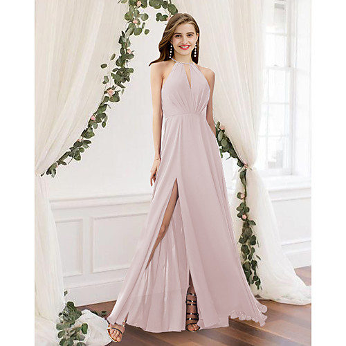 

A-Line Jewel Neck Floor Length Chiffon Bridesmaid Dress with Pleats / Split Front