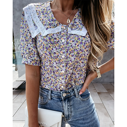 

Women's Blouse Floral Print Shirt Collar Streetwear Tops Blue Red