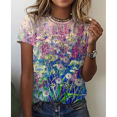 

Women's Floral Theme Painting T shirt Floral Graphic Print Round Neck Basic Tops Blushing Pink