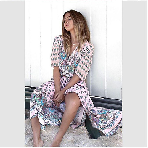 

Women's Swing Dress Maxi long Dress Blue Blushing Pink Wine Royal Blue Black Light Blue Half Sleeve Print Patchwork Print Spring Summer V Neck Casual Holiday 2021 S M L XL XXL