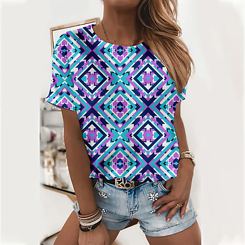 

Women's Geometric Painting T shirt Graphic Geometric Print Round Neck Basic Tops Blue