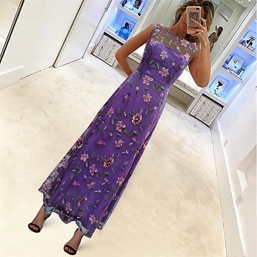 

A-Line Maxi Floral Wedding Guest Formal Evening Dress Illusion Neck Sleeveless Floor Length Tulle with Embroidery 2021