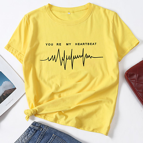 

Women's T shirt Letter Print Round Neck Tops Cotton Basic Basic Top White Blue Red