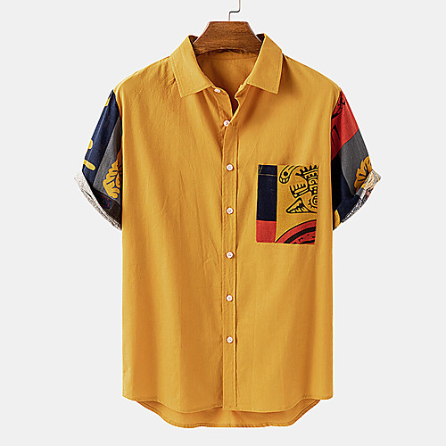 

Men's Shirt Color Block Button-Down Short Sleeve Casual Tops Lightweight Casual Fashion Breathable Yellow Navy Blue