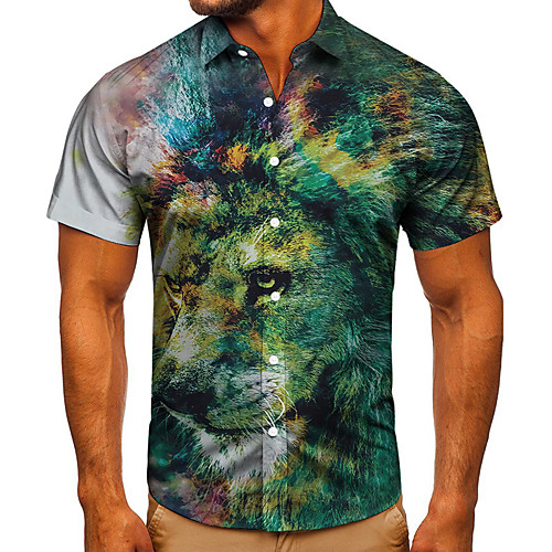 

Men's Shirt 3D Print Graphic Prints Lion Button-Down Short Sleeve Street Tops Casual Fashion Classic Breathable Blue