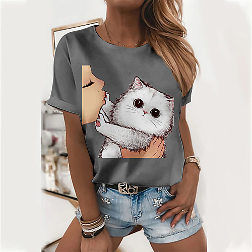 

Women's 3D Cat Painting T shirt Cat 3D Animal Print Round Neck Basic Tops Camel Khaki Dark Gray
