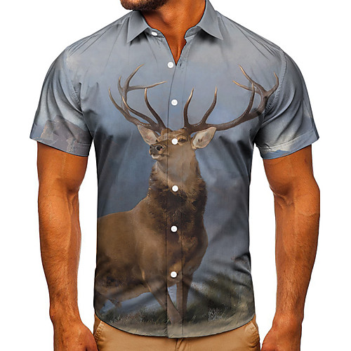 

Men's Shirt 3D Print Graphic Prints Deer Button-Down Short Sleeve Street Tops Casual Fashion Classic Breathable Gray