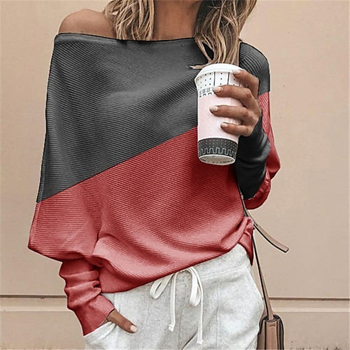 

LITB Basic Women's Off Shoulder Sweater Long Sleeved Stitching Color Top Loose Daily Casual Blouse