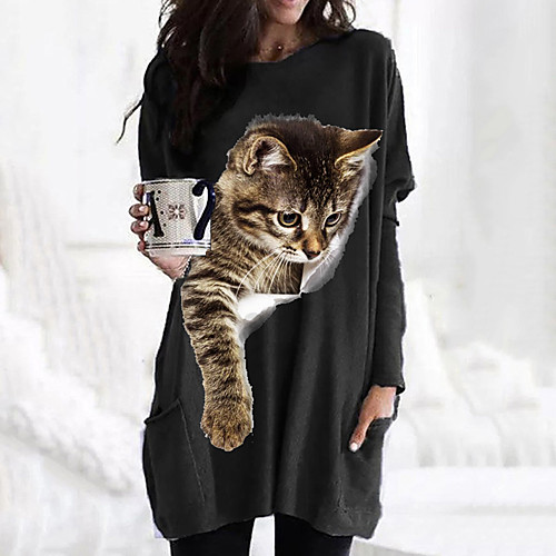 

Women's T shirt Dress Cat Graphic 3D Long Sleeve Pocket Round Neck Tops Basic Basic Top White Black Fuchsia